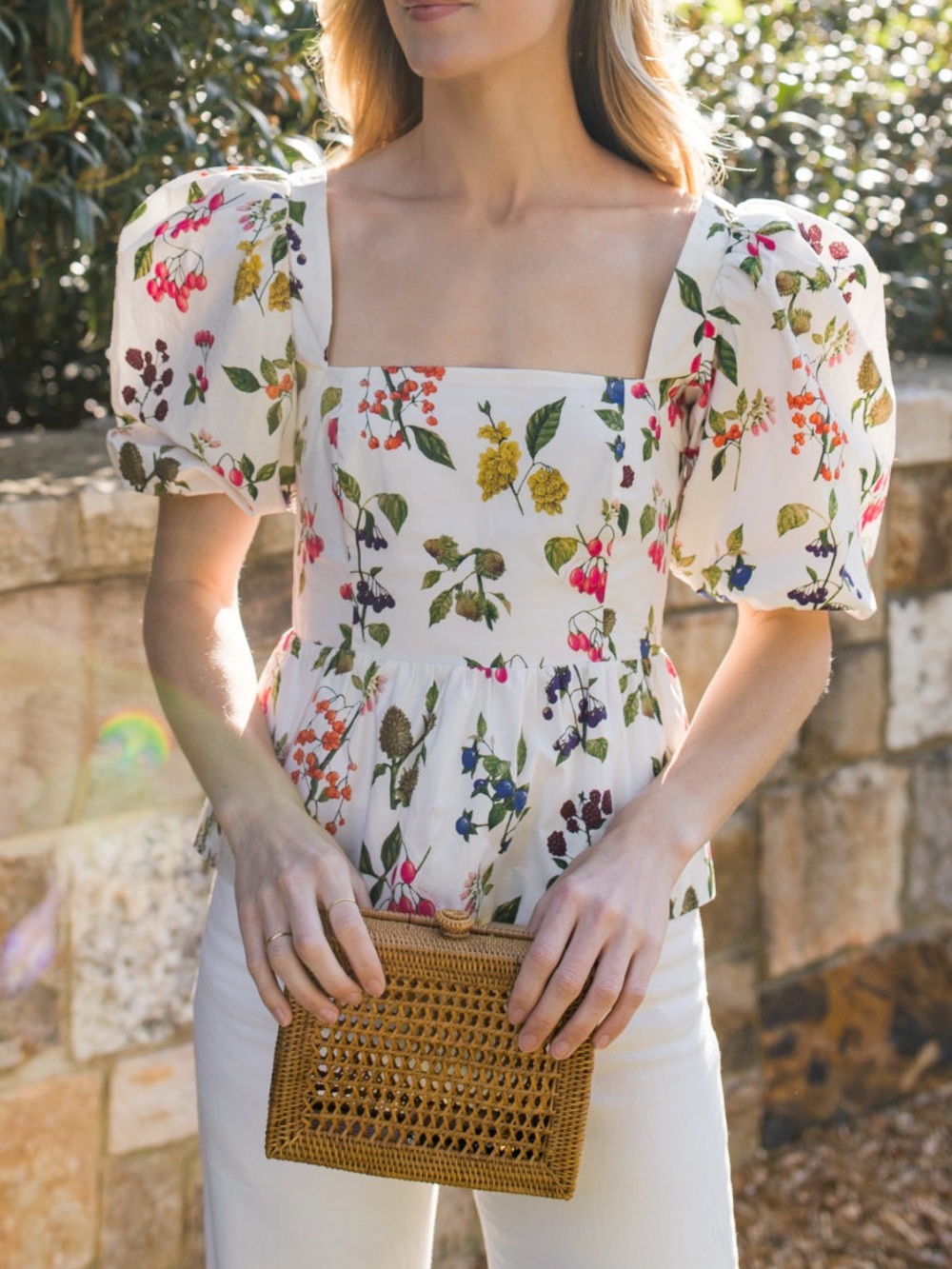 Cara Cara Alexis Puff Sleeve White Floral Print Peplum Blouse Top Size Small